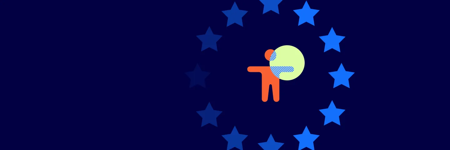 Die EU-Flagge mit dem Symbol einer Person in der Mitte