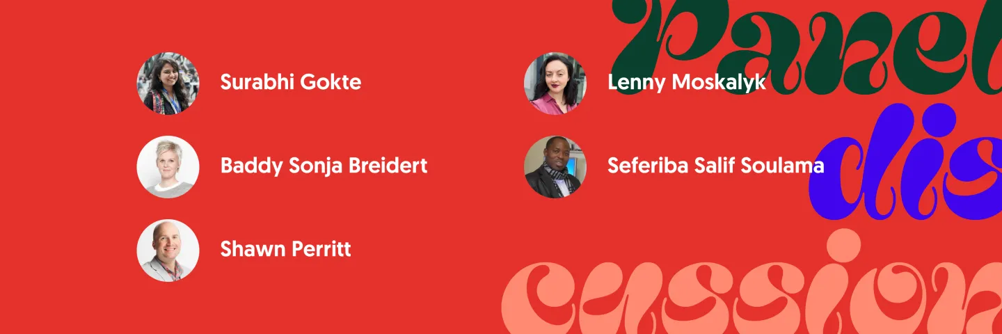 Photos of participants on a red patterned background