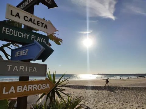 A beach view with a wooden signpost pointing to different beaches