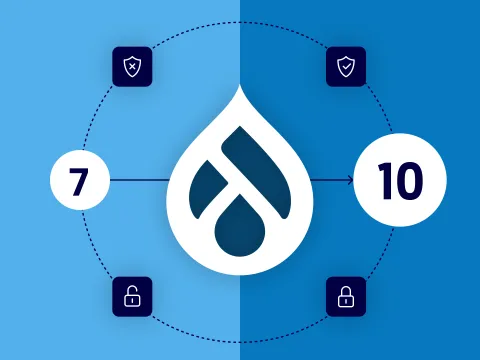Drupal 7 circle, Drupal logo, Drupal 10 circle and security icons