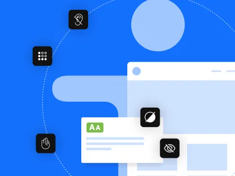 Icon of a person, page layout and icons showing accessibility barriers
