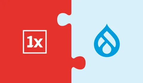 Two interlocking puzzles with Drupal and 1xINTERNET logos