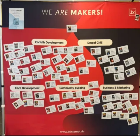 Wall of makers with information cards about Drupal contributors