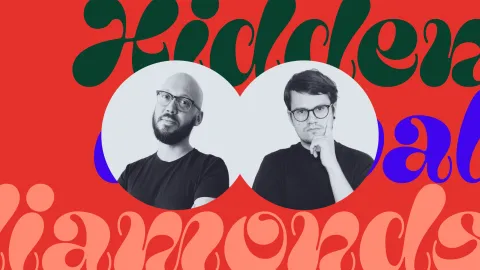 Photos of Yannick and Norman on a red patterned background