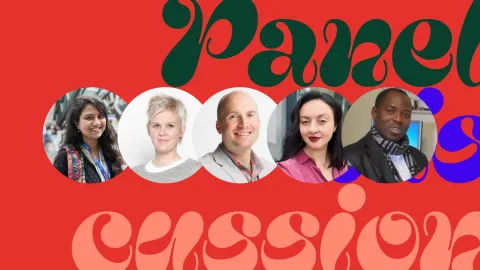 Photos of participants on a red patterned background