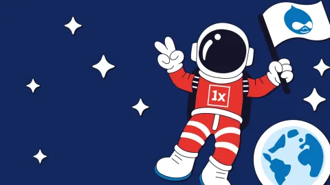 Un astronauta sobre fondo azul colocando la bandera de Drupal CMS en un planeta